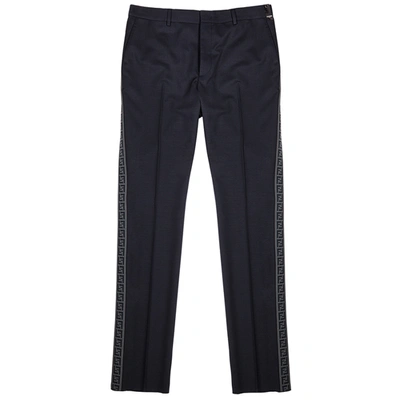 Fendi Navy Monogram-trimmed Stretch-wool Trousers