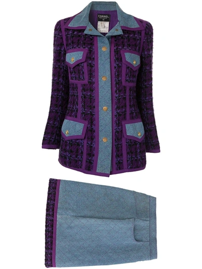 Pre-owned Chanel 1990s Quilted Denim Skirt Suit In Purple