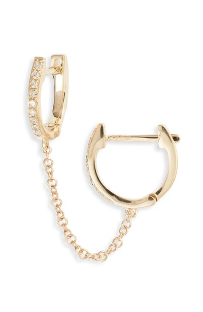 Ef Collection Single Mini Diamond Double Chain Huggie Hoop Earring In Yellow Gold/ Diamond
