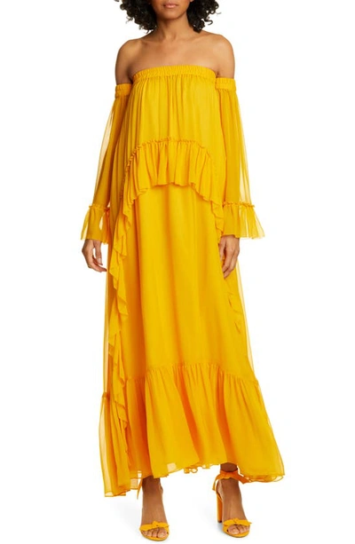 Amur Odessa Off The Shoulder Polka Dot Silk Maxi Dress In Sunflower