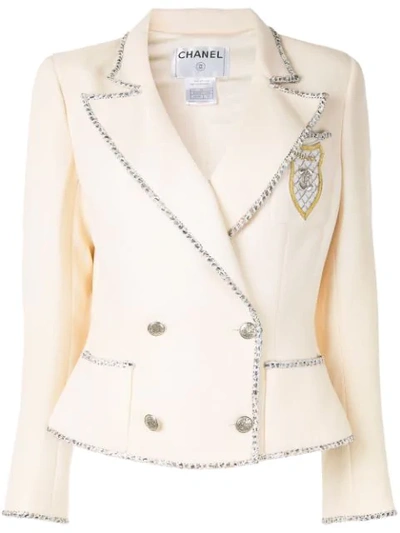 Pre-owned Chanel Contrast Trimming Slim-fit Double Breasted Blazer In White