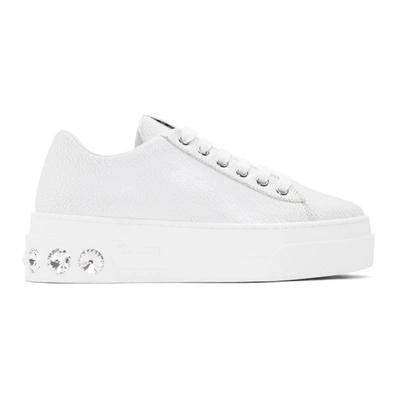 Miu Miu Crystal-embellished Patent-leather Platform Sneakers In White