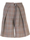 Tibi James Check Pleated Shorts In Brown