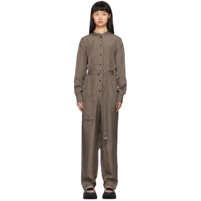 Tibi Walden Belted Checked Cupro Jumpsuit In Brown