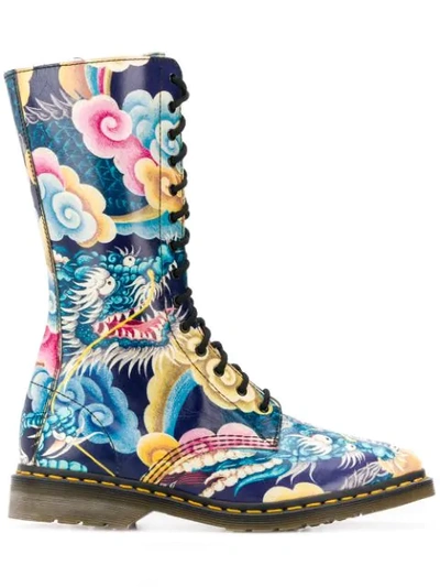 Pre-owned Yohji Yamamoto X Dr. Martens 2000s Japanese Print Combat Boots In Blue