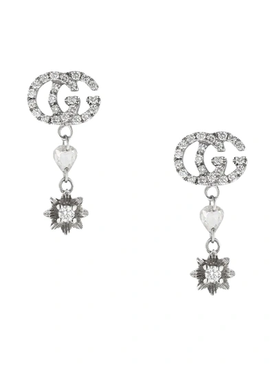 Gucci Flower And Double G Earrings With Diamonds In Gold / White