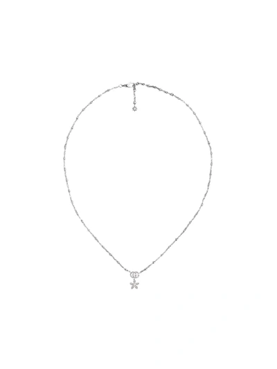 Gucci Flower And Double G Necklace With Diamonds In White Gold