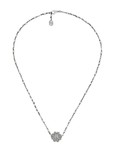 Gucci Necklace With Flower, Diamonds And Pearls In Silver