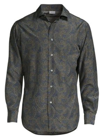 Brioni Silk Paisley Print Sport Shirt In Midnight Blue