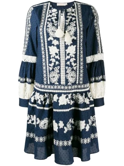Tory Burch Boho Crochet-trimmed Embroidered Swiss-dot Cotton Mini Dress In Tory Navy