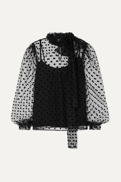 Costarellos Bow-embellished Polka-dot Flocked Tulle Blouse In Black