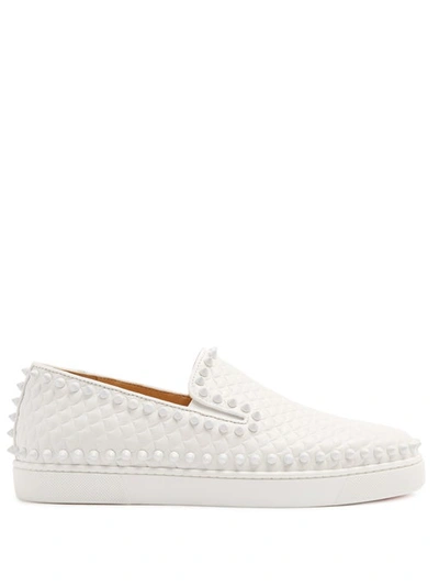 Christian Louboutin Pik Boat Spiked Textured-leather Slip-on Sneakers In White