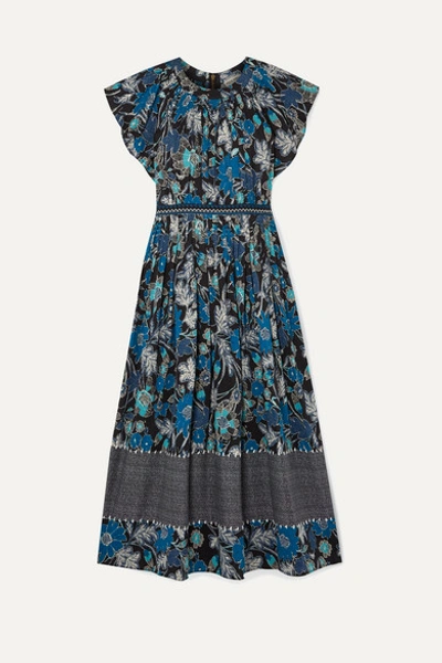Ulla Johnson Lottie Pleated Floral-print Cotton-blend Voile Midi Dress In Blue