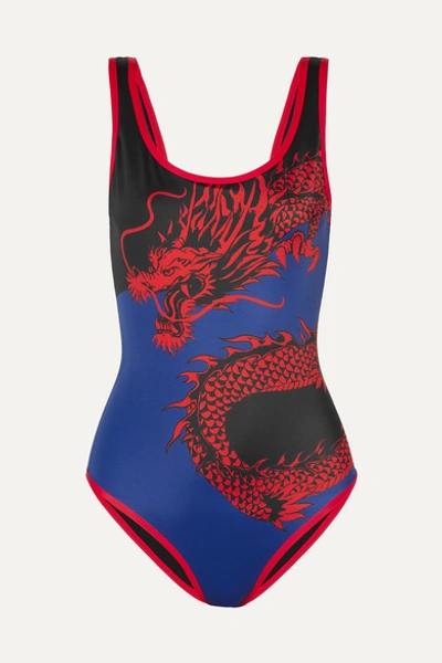 Balmain Dragon-print Scoop-back One-piece Swimsuit In Blue
