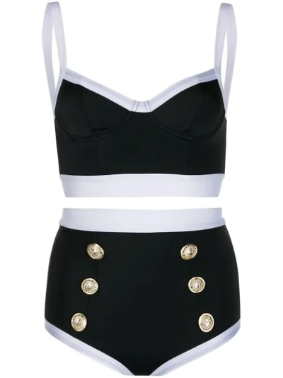 Balmain High-waist Buttoned Two-piece Bikini Set In Black/white