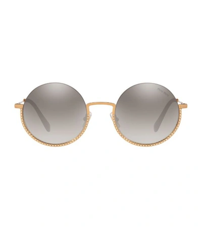 Miu Miu Semi-rimless Crystal Studded Round Sunglasses In Antique Gold,gradient Grey Mirror Silver