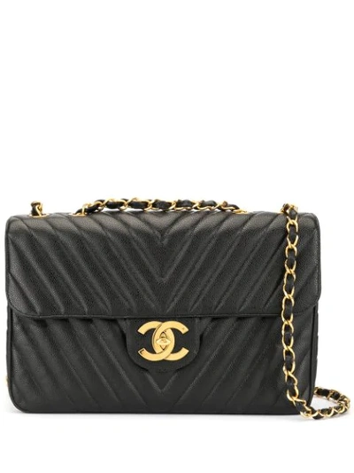 Pre-owned Chanel Jumbo Chevron Classic Flap Shoulder Bag In Black