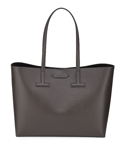 Tom Ford Saffiano Leather Small T Tote Bag In Dark Gray
