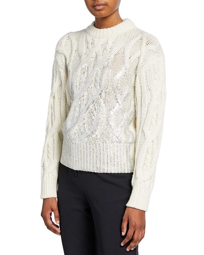 Pinko Cable-knit Crewneck Sweater With Metallic Detail In Cream