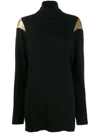 Pinko Knit Turtleneck Tunic Sweater With Chainmail Shoulders In Black