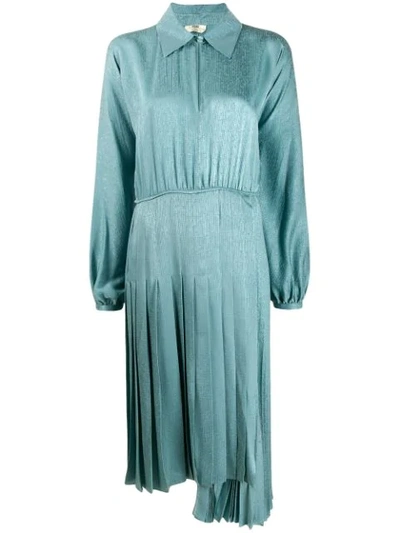 Fendi Asymmetric Pleated Satin Dress In Blue