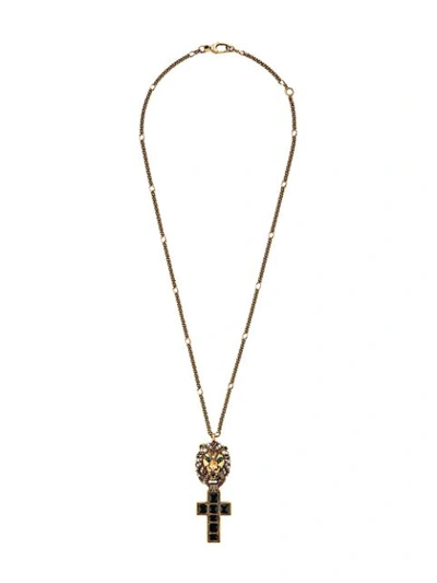 Gucci Lion And Cross Pendant Necklace In Gold