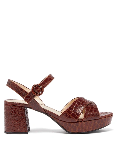 Prada Platform Crocodile-effect Leather Sandals In Dark Brown