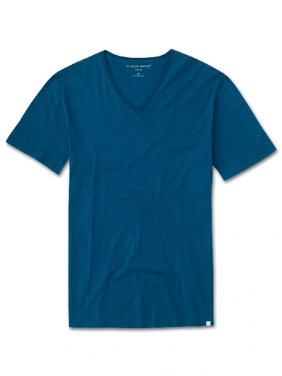 Derek Rose Men's Short Sleeve V-neck T-shirt Basel 7 Micro Modal Stretch Ocean