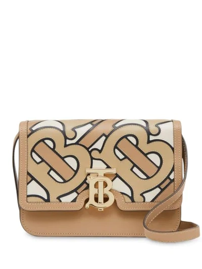 Burberry Small Monogram Intarsia Leather Tb Bag In Beige