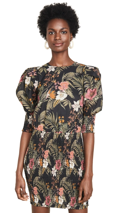 Rebecca Minkoff Geneva Tropical Print Smocked Cotton Dress In Black Multi