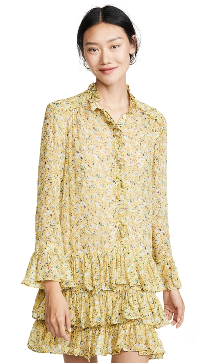 Zadig & Voltaire Rebbie Anemone Tiered Ruffle Long Sleeve Babydoll Dress In Bouton D'or