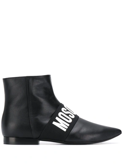 Moschino Shoes Black Signature Leather Flat Ankle Boots