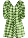 Ganni Check Puff-sleeve Dress In Black