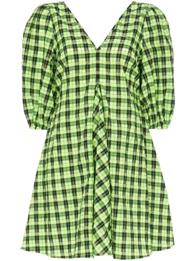 Ganni Check Puff-sleeve Dress In Black