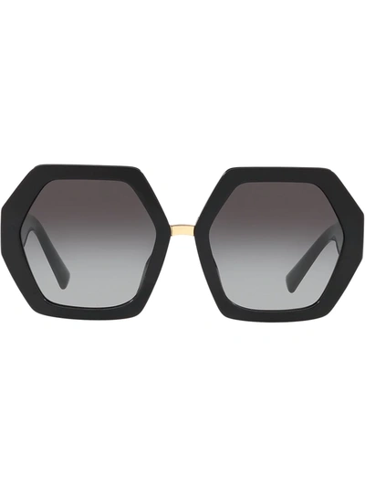 Valentino Hexagonal Oversized V Logo Sunglasses In Black