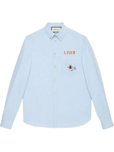 Gucci Embroidered Oxford Cotton Shirt In Blue