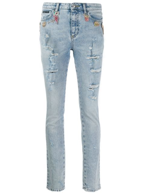 Philipp Plein Rhinestone Charm Distressed Skinny Jeans In Blue | ModeSens