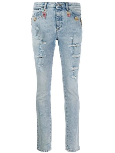Philipp Plein Rhinestone Charm Distressed Skinny Jeans In Blue