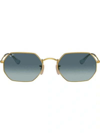 Ray Ban Octagonal Classic Sunglasses Gold Frame Blue Lenses 53-21 | ModeSens