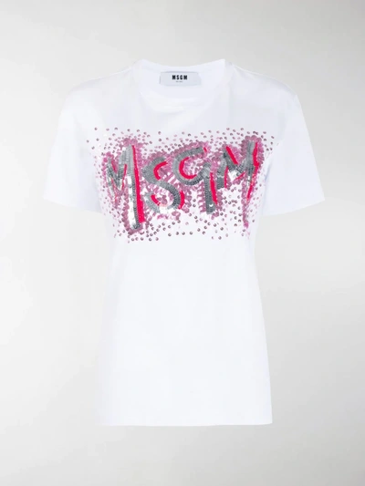 Msgm Sequin Logo T-shirt In White