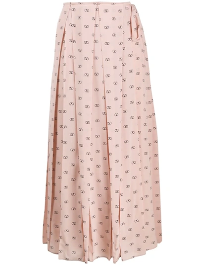Valentino Mini Vlogo Silk Midi Skirt In Antique Rose/nero