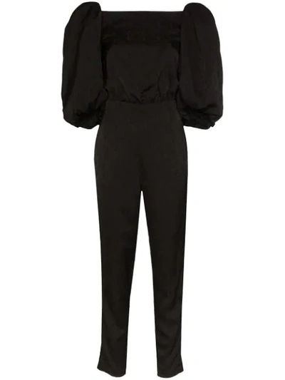 Johanna Ortiz Tie-back Satin Floral-jacquard Jumpsuit In Black