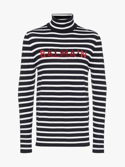 Balmain Striped Logo Printed Jumper In Blue