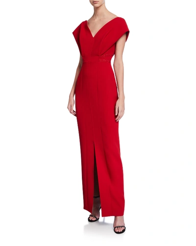 Atelier Caito For Herve Pierre V-neck Cap-sleeve Gown In Red