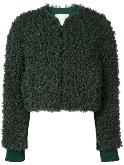 Tibi Curly Faux Lamb Fur Crop Jacket In Green