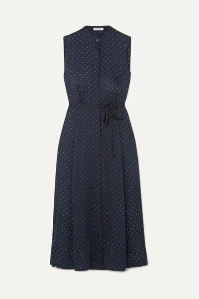 Equipment Clevete Sleeveless Polka Dot Tie Waist A-line Shirtdress In Navy