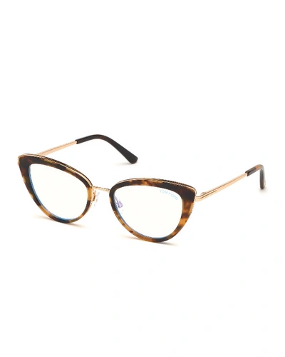 Tom Ford Blue Block Metal Cat-eye Optical Frames In Brown