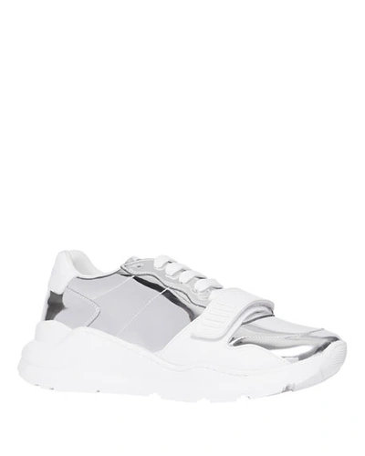 Burberry Men's Ramsey Metallic Leather Chunky Sneakers In Silver