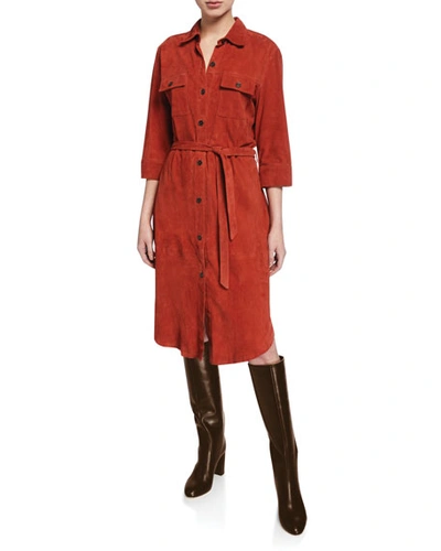 Frame Belted Suede Military Shirt Dress In Tandoori