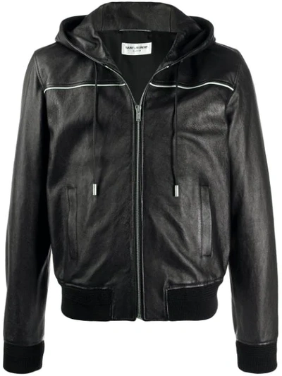 Saint Laurent Men's Leather Zip-front Hoodie In Black